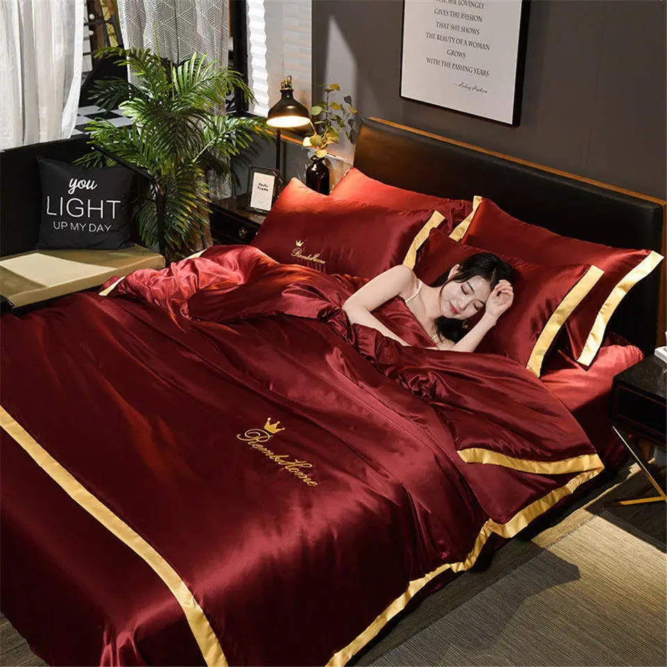 

Home Textile Double Bed Linen Luxury Washed Silk Bedding Set Single Embroidery Bed Sheets Set King Queen Size Solid Color