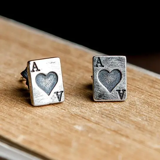 Personalized Heart Playing Poker Cards Stud Earrings Genuine 100% 925 Sterling Silver Punk Style Jewelry  Украшения и