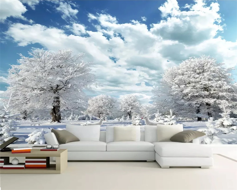 

beibehang Vinyl wall Custom photo mural beautiful winter snow scene HD elk living room TV background wall paper for kids room