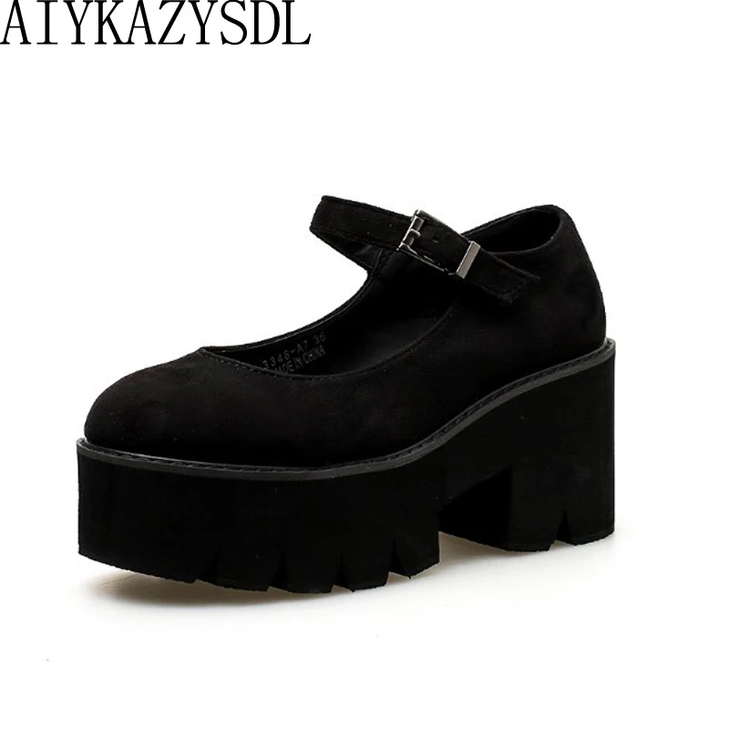 AIYKAZYSDL Women Pumps Platform Wedge Shoes Block Chunky Thick High Heels Preppy Style Cosplay Shoes Mary Jane Faux Suede Shoes