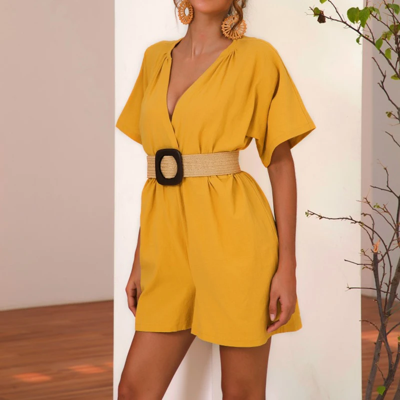 2019 Solid Color Cotton and Linen Short-sleeved Deep V-neck Womens Mini Playsuit Summer Holiday Casual Female Shorts Jumpsuit 2019 Solid Color Cotton and Linen Short-sleeved Deep V-neck Womens Mini Playsuit Summer Holiday Casual Female Shorts Jumpsuit