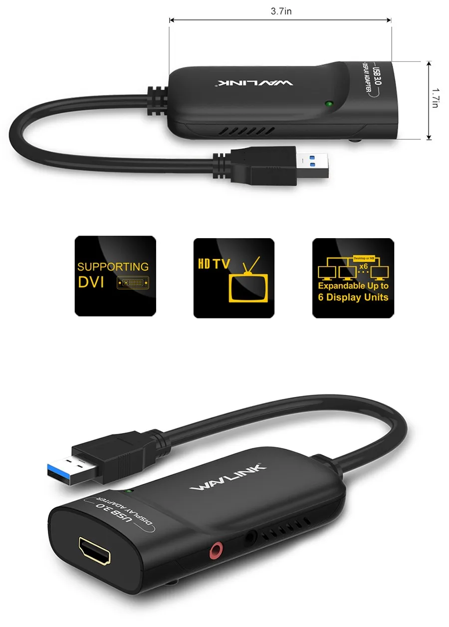 Wavlink USB 3.0 To HDMI Multi Monitor Video Graphic Adapter HD 1080p Output External Video Card Adapter DP Display Windows Mac