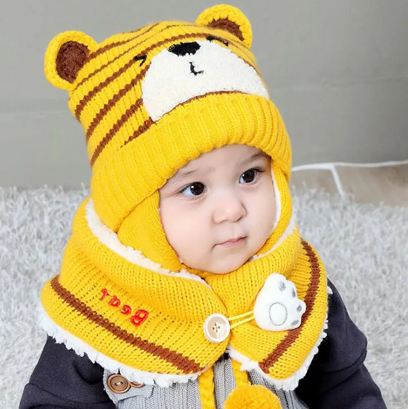 Unisex Kinder Cartoon Bär Streifen Hüte und Schal Set Winter Warm Anzug