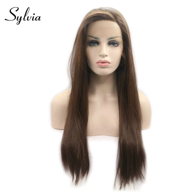 

sylvia 6# color natural brown silky straight synthetic lace front wigs with bangs heat resistant fiber hair for white woman