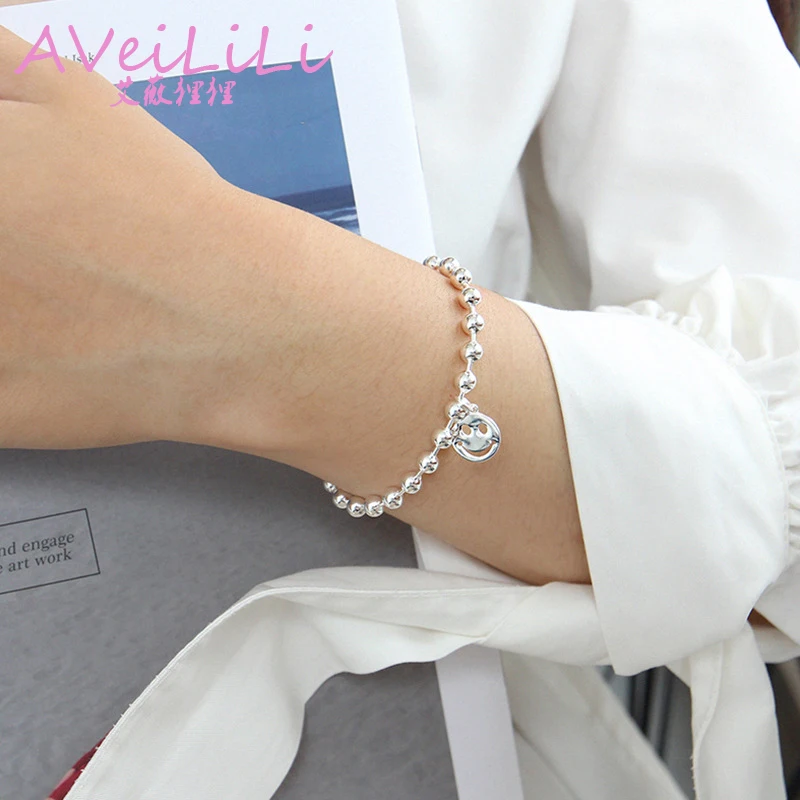 

925 sterling silver Bracelets jewelry Round smiley pendant 4mm 5mm bead chain Charm Bracelet silver woman