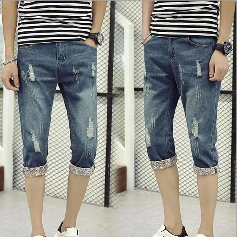 Мода, летние повседневные джинсы, мужские рваные джинсы с дырками, мужские капри, брюки с отворотами в стиле хип-хоп, серые, синие джинсы, укороченные штаны - Цвет: ripped hole