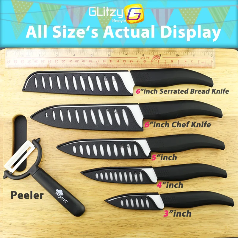 Günstig Keramik Messer Weiß Klinge Zirkonia 3 4 5 zoll + 6 zoll Küche Gezackten Brotmesser + Schäler Set Chef kochen Obst messer