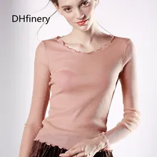 DHfinery серебряная нить футболка весна-осень Низкая О-образным вырезом оборками подол сетки Футболка с кружевом женские коричневый и элегантные розовые Топы sg27276