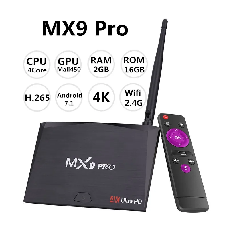 Новый MX9 Pro Умные телевизоры коробке 2 ГБ 16 Android 7.1 RK3328 4 ядра 64bit 3D WIFI BT 4.0 VP9 H.26 HDR К HD