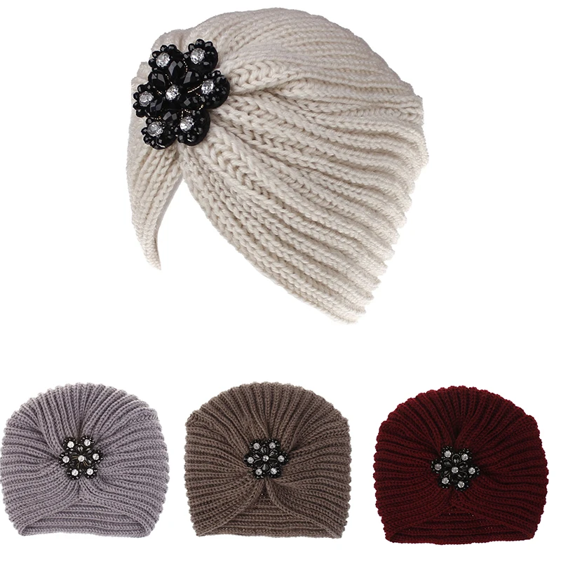 Женский шерстяной вязаный зимний головной убор со стразами, головной убор для леди, индийский головной убор бантик для девочки, головной аксессуары для волос в виде тюрбана