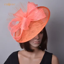 Оранжевая Коралловая женская шляпа большой головной убор Sinamay с петли синамейский& veiling для свадеб, гонок, вечерние, Дерби Кентукки церкви