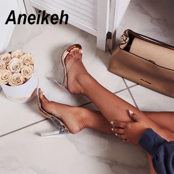 

Aneikeh Fashion Women's Shoes 2019 New Woman Sandals Toe Clamping Slippers Shoes Crystal Heels Transparent PVC High Heels Pumps