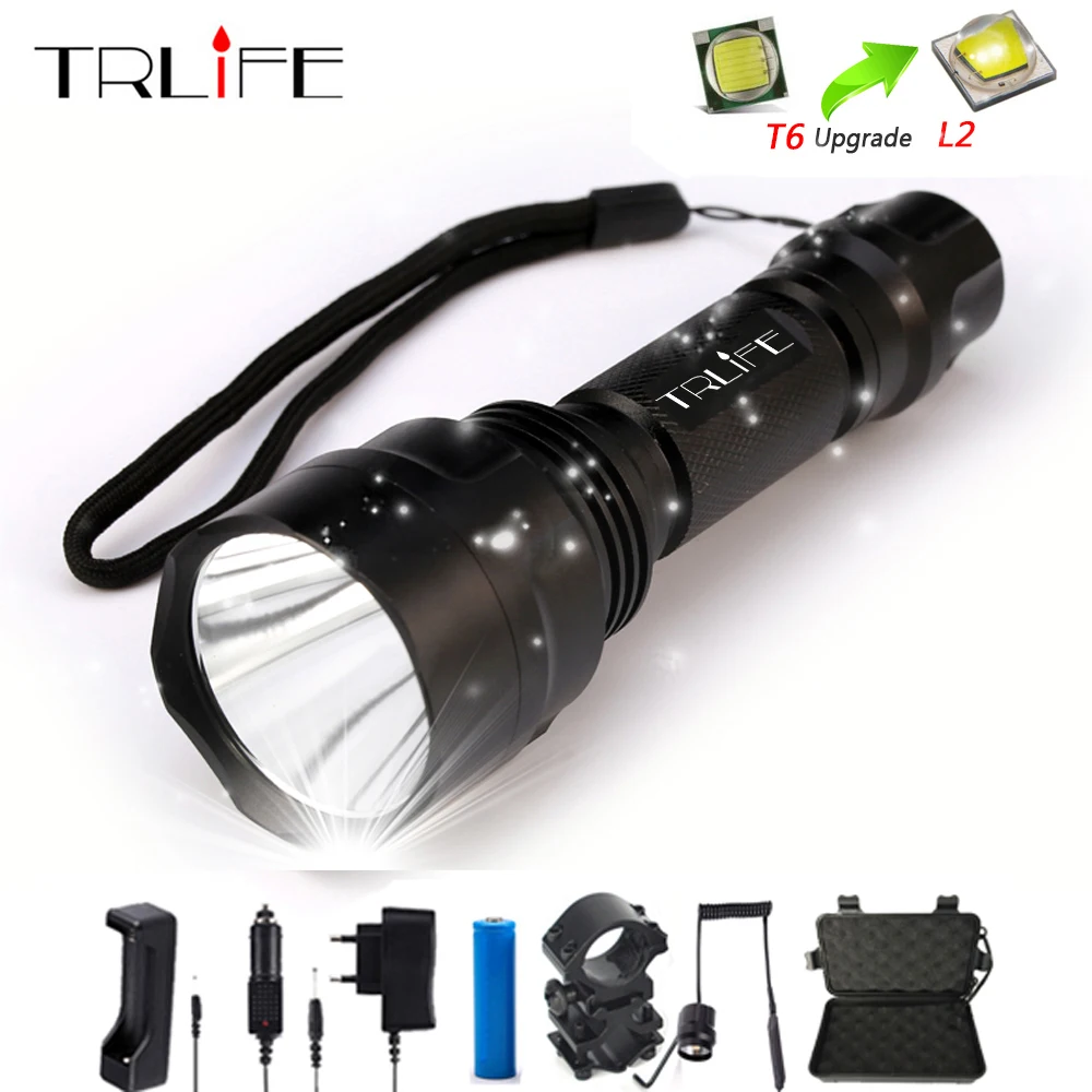 10000 Lums Flashlight Linterna LED Torch Light L2 Tactical Aluminum Hunting Flash Light Lamp +18650+Charger+Gun Mount