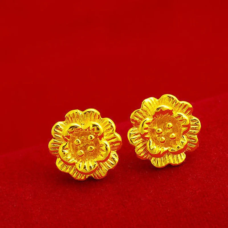 Golden Flower Stud Earrings Women 24k Real Yellow Gold Filled Elegant