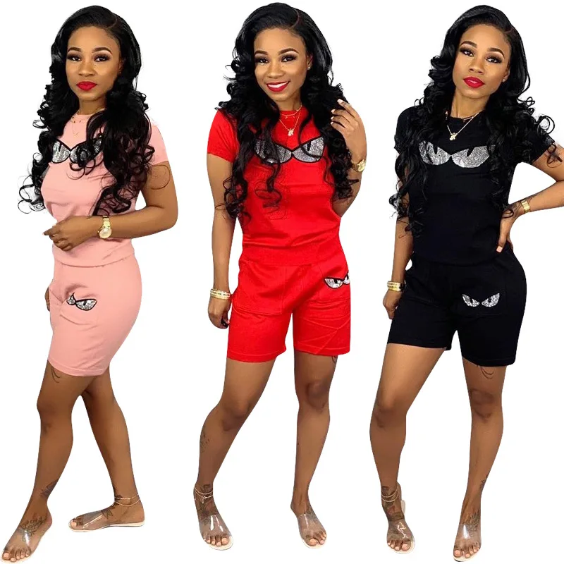 

2019 new women vintage sporty tracksuit sequins eye short sleeve t-shirt top & short suit 2pcs set fashion outfit 3 color H1122