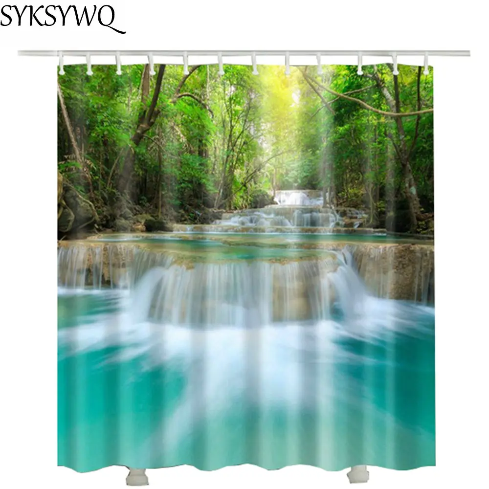 Green Forest Waterfall Shower Curtain Polyester Fabric Waterproof Tree