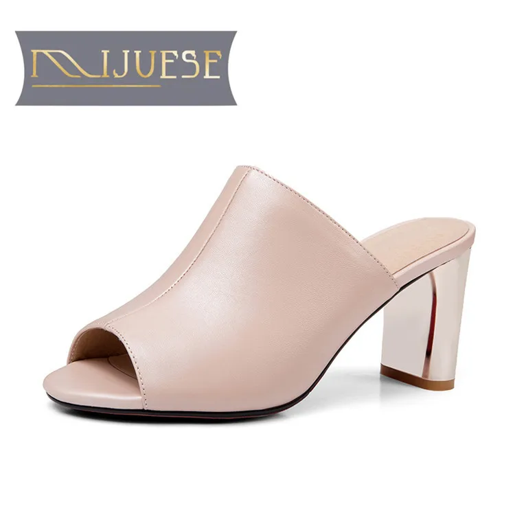 

MLJUESE 2018 women slippers Genuine leather slip on pink gold color peep toe high heels sandals women size 34-39