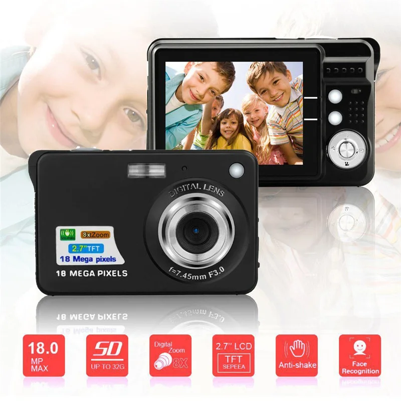 Портативная мини цифровая камера 2,7 дюймов 18MP 720P 8X Zoom TFT ЖК-экран Видеокамера анти-встряхивание видеокамера подарок для детей - Цвет: Черный
