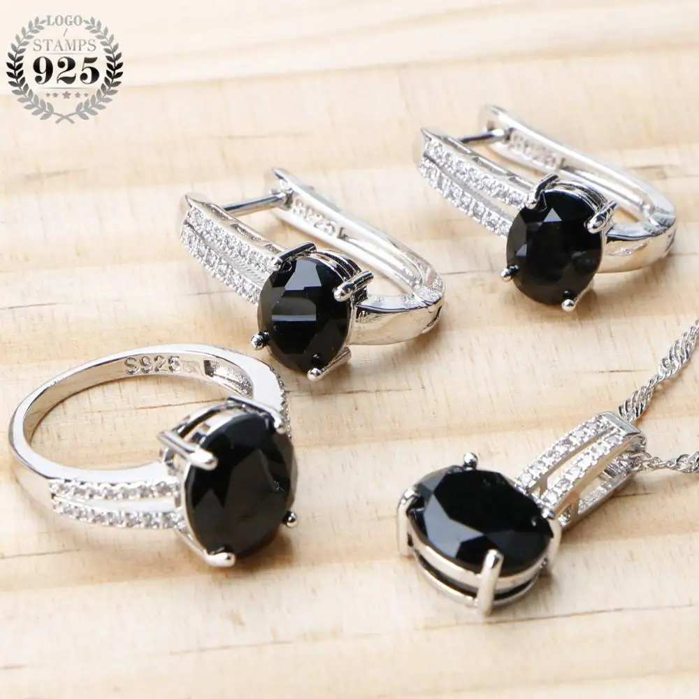 Bridal Silver 925 Jewelry Sets For Women Black Earrings Wedding Costume Jewelry Zircon Rings Bracelet Necklace Set Gifts Box - Окраска металла: Имитация родиевого покрытия