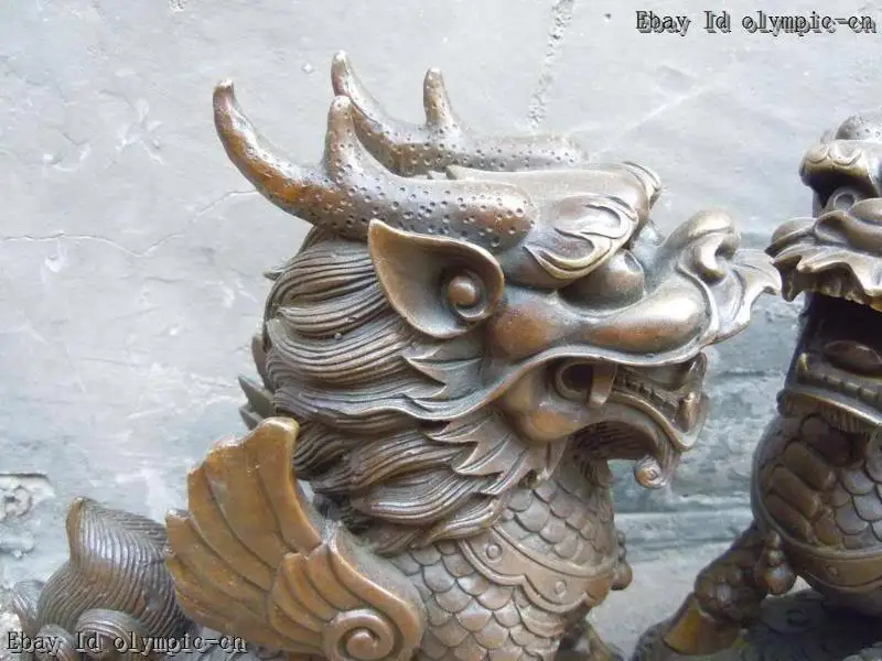 

11" China bronze copper carved Foo Dogs kylin statues pair Sculpture A(0505)