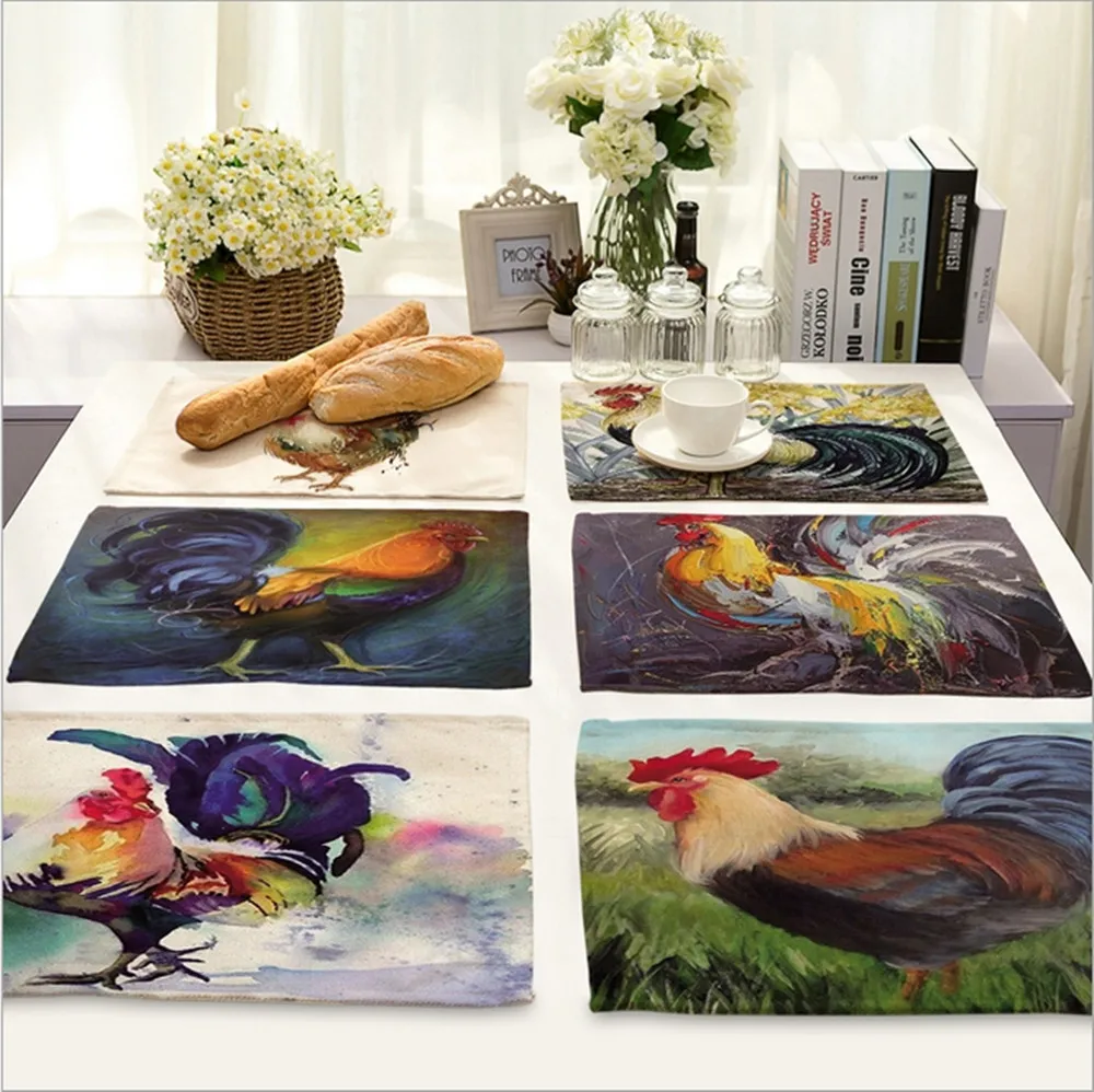 

Home Decor Painted Rooster Placemat Linen Fabric Table Mat Dishware coasters For Kitchen Accessories Wedding Party Decoration