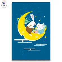 Мультфильм Аниме животные цифры Живопись два белых кроликов на Луне Искусство Картина Краска по номерам на холсте для детей
