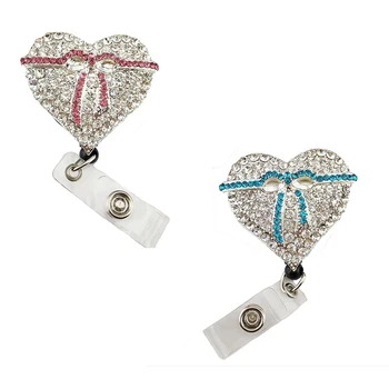 

50/100pcs Rhinestone heart shape breast cancer awareness pink and blue ribbon Retractable id badge holder reel