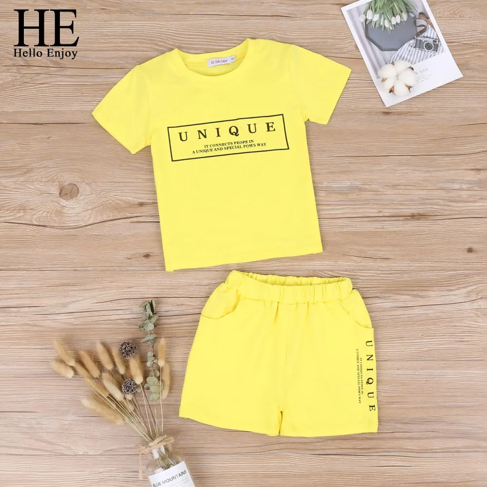 HE Hello Enjoy/детская одежда для мальчиков летние комплекты одежды для мальчиков топы с короткими рукавами и принтом футболка+ шорты с цветочным принтом, костюмы детская одежда