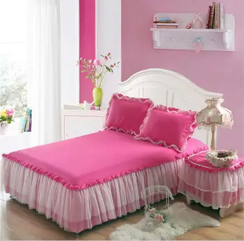 

Solid Lace Bedding Bed Skirt Fitted Sheet Pillowcase 1/3pc Princess bedspread Home Decorate Mattress cover faldones para la cama