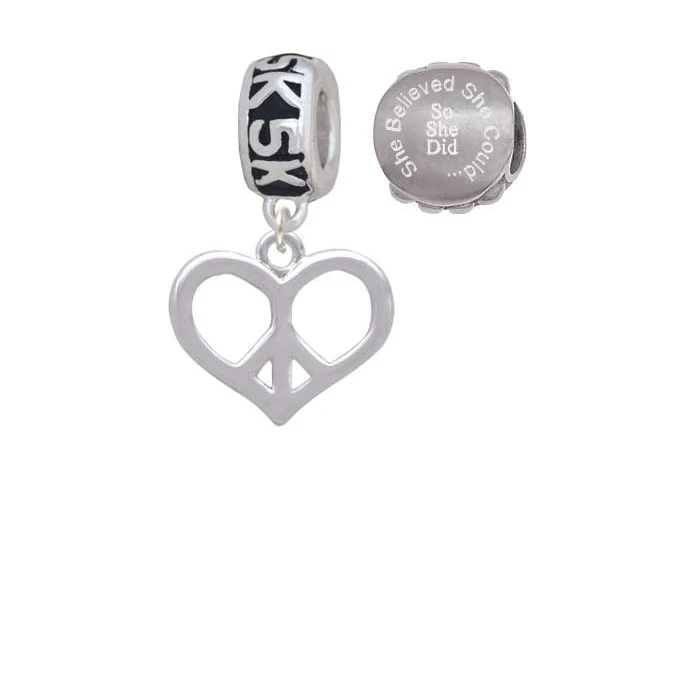 Heart Peace Sign 5K Run She Believed She Could Charm Beads (Set of 2)