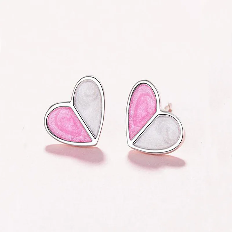 

Women Fashion White Pink Enamel Heart 925 Sterling Silver Stud Earrings For Girl Female Simple Gift