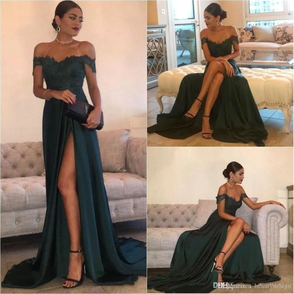 

Dark Green 2019 Cheap Evening Dresses Off the Shoulder Floor-Length High Side Split Lace Elegant Prom Dress Formal evening Dress