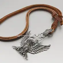 LINSION огромный 316L Орел из нержавеющей стали крест кулон мужские байкерские панк-кулон 4S022 регулируемое кожаное ожерелье