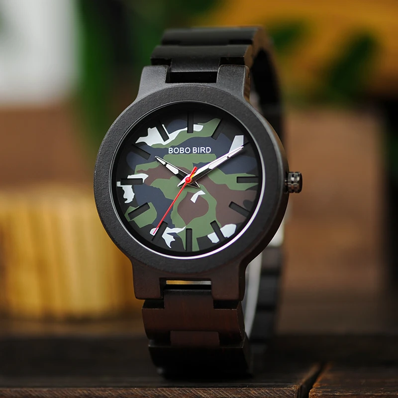 BOBO BIRD Fashion Army Green Dial Men Watch 44mm Black Wooden Quartz Watches Christmas Family Gift for boys BOBO BIRD Fashion Army Green Dial Men Watch 44mm Black Wooden Quartz Watches Christmas Family Gift for boys