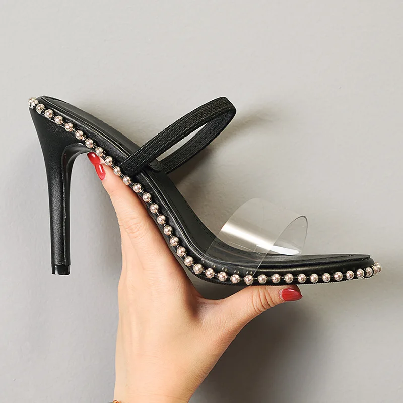

women metal ball chains sandals famous brand high heels ladies transparent pvc party/dress shoes woman thin heel slippers y513