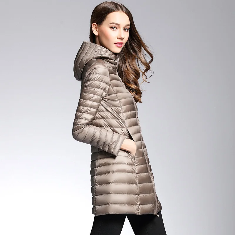 Vente Femme printemps rembourré à capuche longue veste blanc canard vers le bas femme pardessus Ultra léger mince solide vestes manteau Portable Parkas