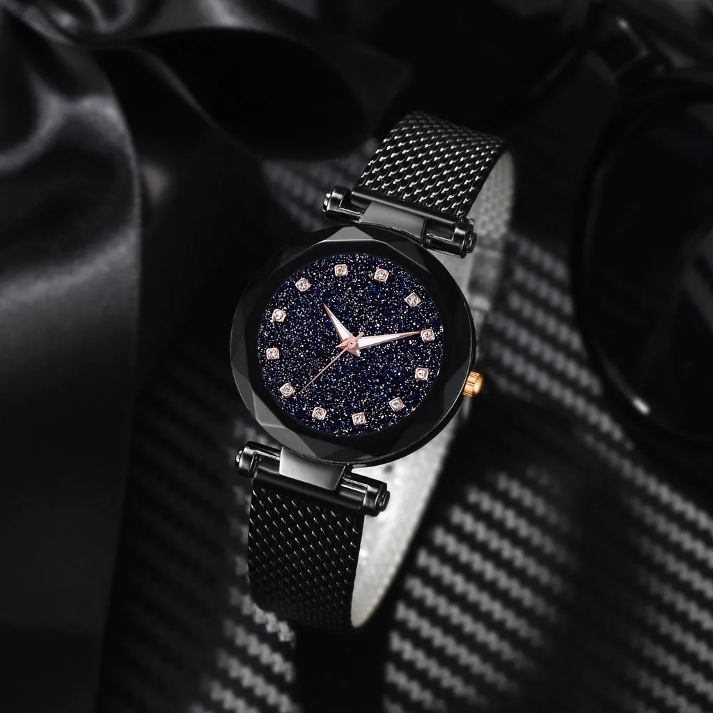 Дропшиппинг класса люкс с магнитной пряжкой Звездное браслет, кварцевые часы Для женщин модные черные дизайн часы женские наручные часы CC