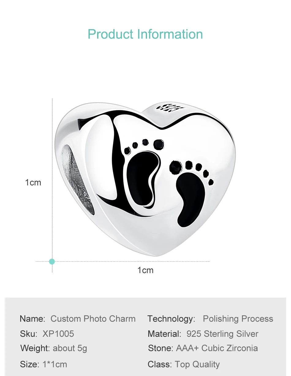 ELESHE Персонализированные 925 пробы серебро любовь сердце Шарм Подходит браслет пользовательские фото ребенка бусина отпечаток ноги DIY ювелирных изделий