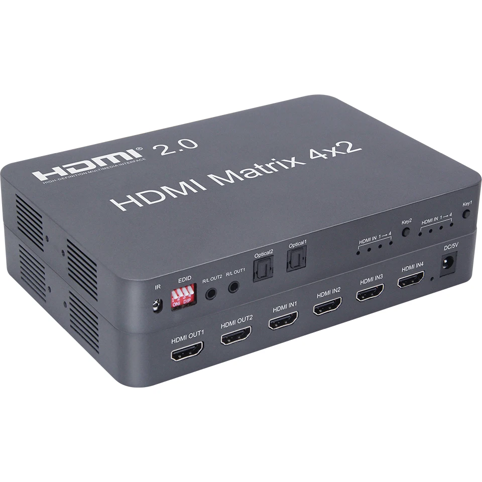 4x2 HDMI 2 0 Matrix splitter 4 x HDMI signal input 2 output Support for fiber and stereo headphone output