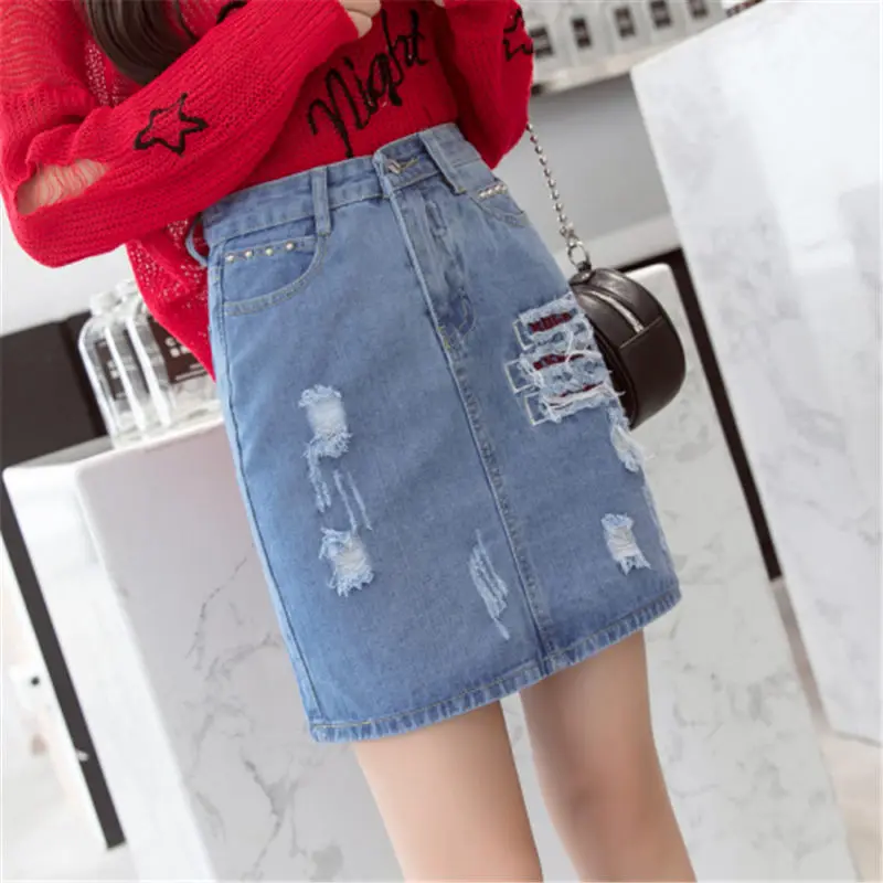 Корейская модная женская синяя Повседневная дырочная печать мини-джинсовая юбка лето новая облегающая женская юбка базовый карман