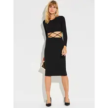 2019 Plusee Fashion Sexy Hollow Bodycon dress Round Neck Girls One Size Black Office Dress black casual bodycon round neck hollow design mini dress
