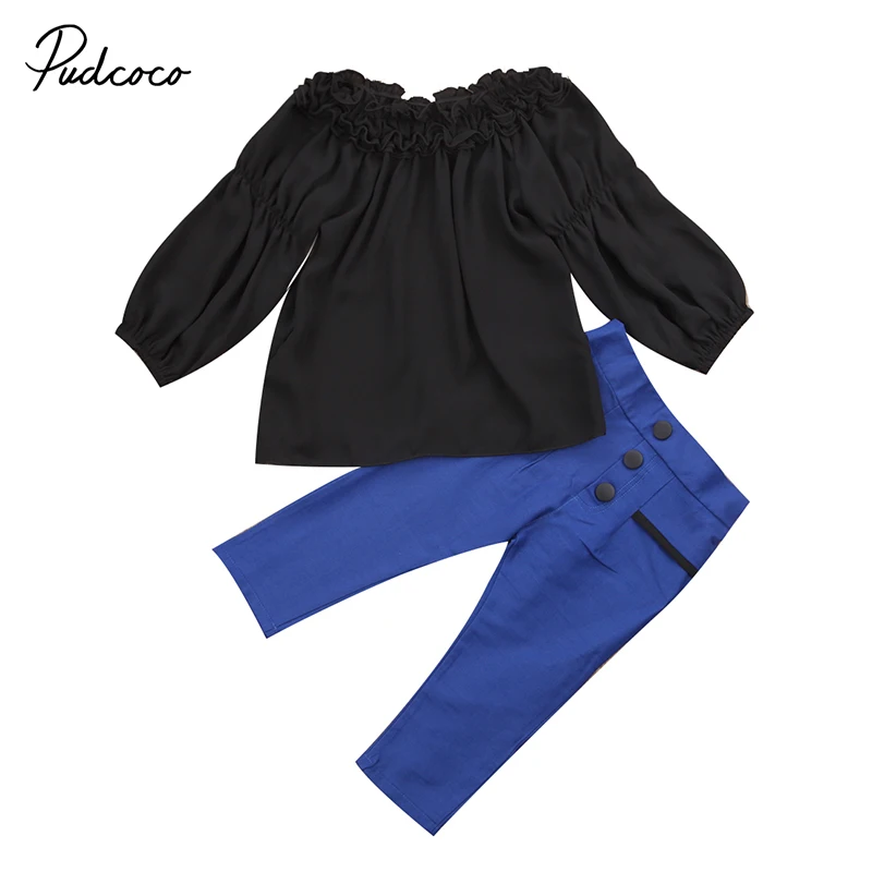 

Pudcoco Brand Fashion Children Girl Clothes Off shoulder Lace Black Blouse Tops+Blue Pant Legging 2PCS Toddler Kids Clothing Set