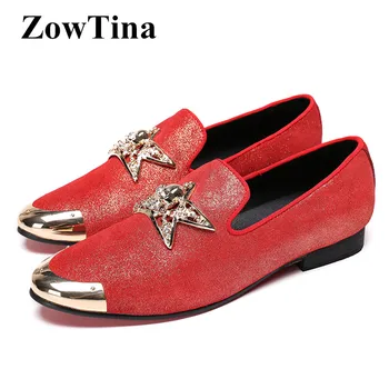 

Men Red Leather Shoes Mens Loafers Wedding Shoes Metal Round Toe Mocassin Flats Large Size 46 Zapatos Mujer Star Decor Creepers