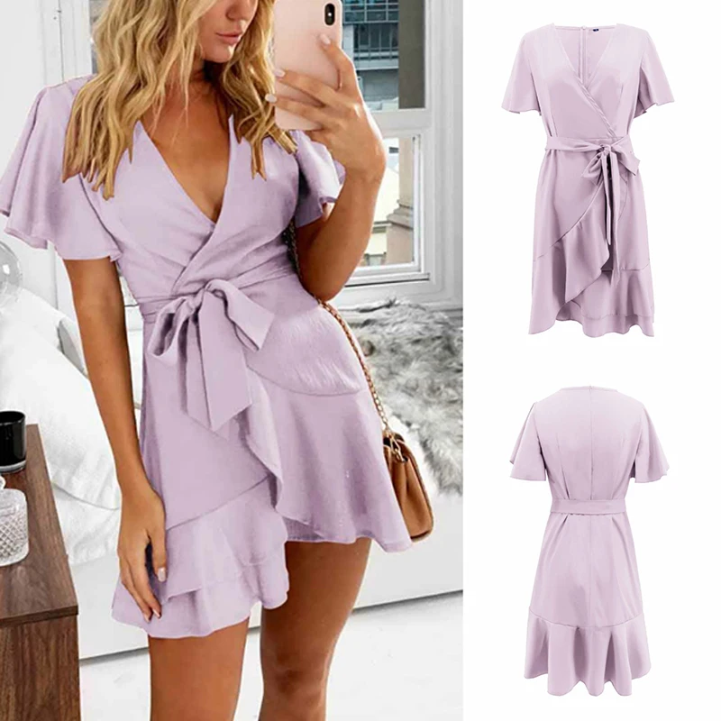 

Women Short Sleeve Wrap Boho Mini Dress Ladies Summer Holiday V-neck Sundress