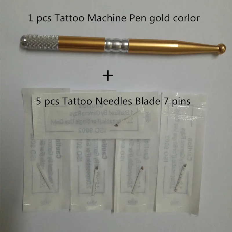 

1 pcs New Style Permanent Manual Eyebrow Makeup Tattoo Machine Pen gold corlor and 5 pcs Tattoo Needles Blade 7 pins