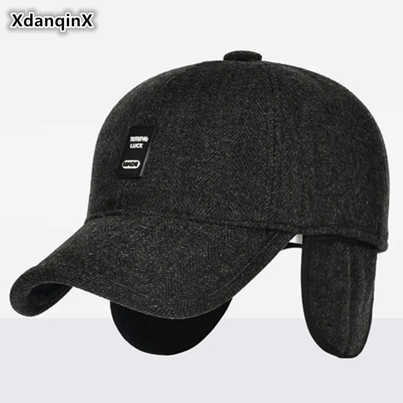 XdanqinX Snapback кепка зимняя мужская теплая шапка среднего возраста шерстяная Толстая бейсболка s с ушками регулируемый размер наушник Кепка для мужчин