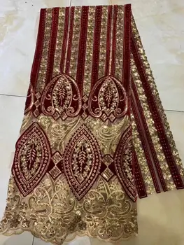 

high quality French sequence sequins net lace,African velvet tulle mesh sequence lace fabric for party dress 5yards/lot Red YYZ9