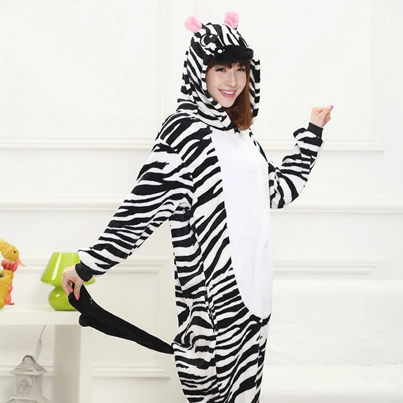 Для взрослых кигуруми Onesie аниме Женские Костюмы Зебра косплей мультфильм животных пижамы зимние теплые фланелевые пижамы с капюшоном