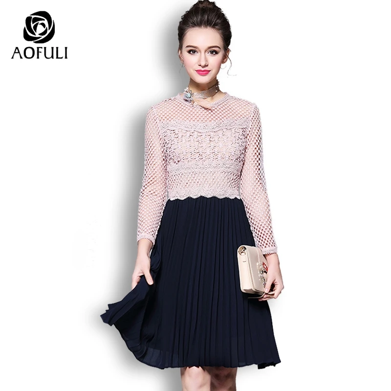 

L~ 3XL 4XL 5XL Fashion Lace Up Pleated Patchwork Dress Women Plus Size Knee-length Dress Hollow Out Long Sleeves AOFULI 9054