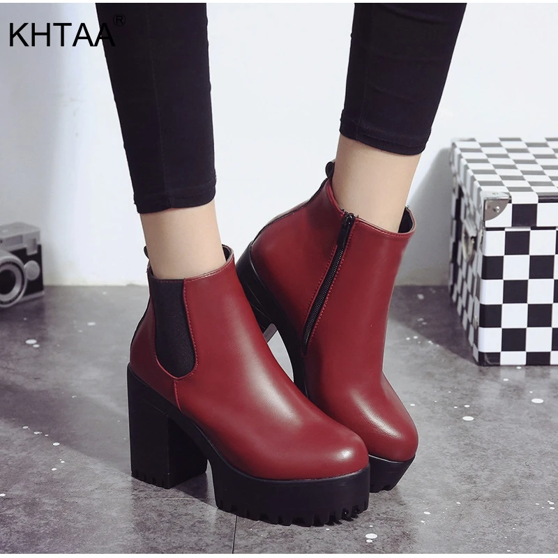 

Women Elastic Band Autumn Ankle Boots Square Heel Platform Female Shoes Super High Heels Winter Short Plush Boot Ladies